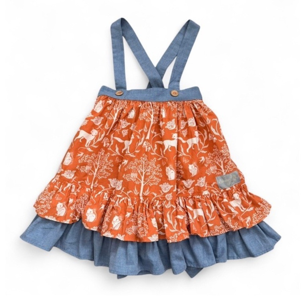 Eleanor Rose Woodland Creature Ruffle Pinafore Skirt Girls 10 Preppy Party Fall